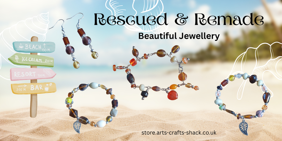 Rescued and Remade jewellery flat lay — three beaded bracelets and a pair of earrings made from a single upcycled necklace