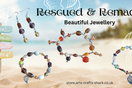 Rescued and Remade jewellery flat lay — three beaded bracelets and a pair of earrings made from a single upcycled necklace