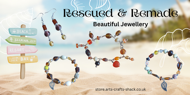 Rescued and Remade jewellery flat lay — three beaded bracelets and a pair of earrings made from a single upcycled necklace