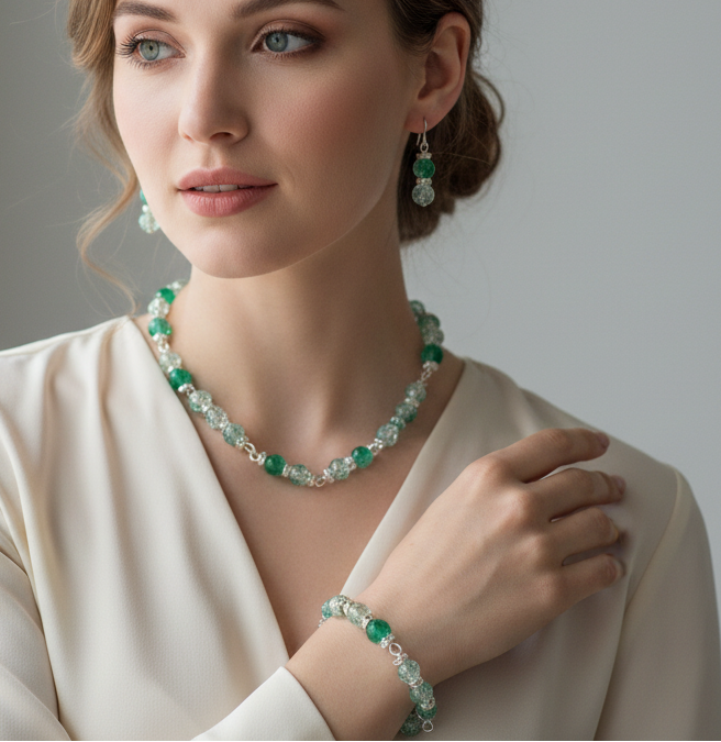 Green crackle bead bracelet and earrings set