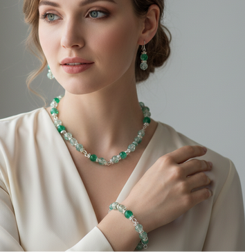Green crackle bead bracelet and earrings set