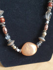 Rescued — Brown & Silver Beaded Necklace with Peach Stone Centrepiece
