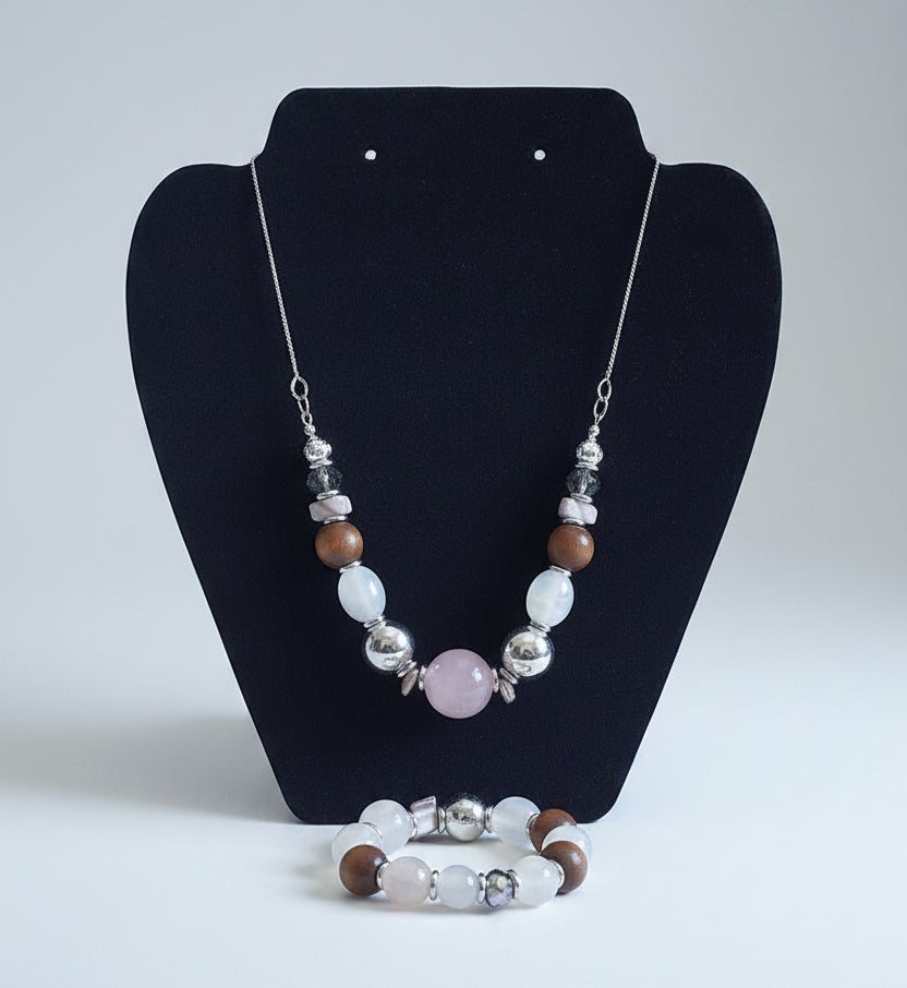 Rescued & Remade Rose Quartz & Wood Bead Necklace and Bracelet Set
