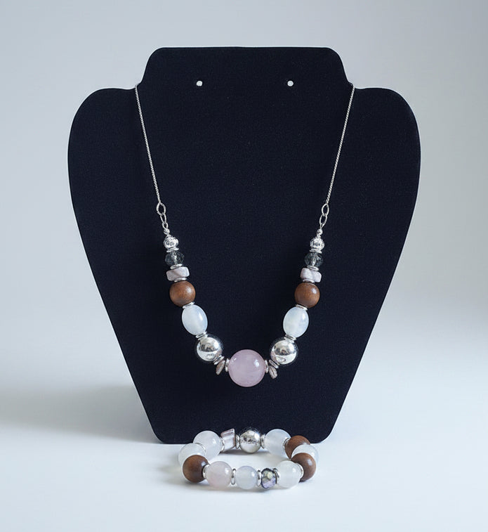 Rescued & Remade Rose Quartz & Wood Bead Necklace and Bracelet Set
