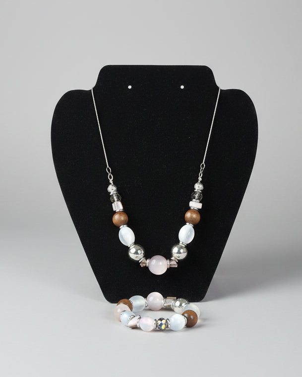 Rescued & Remade Rose Quartz & Wood Bead Necklace and Bracelet Set