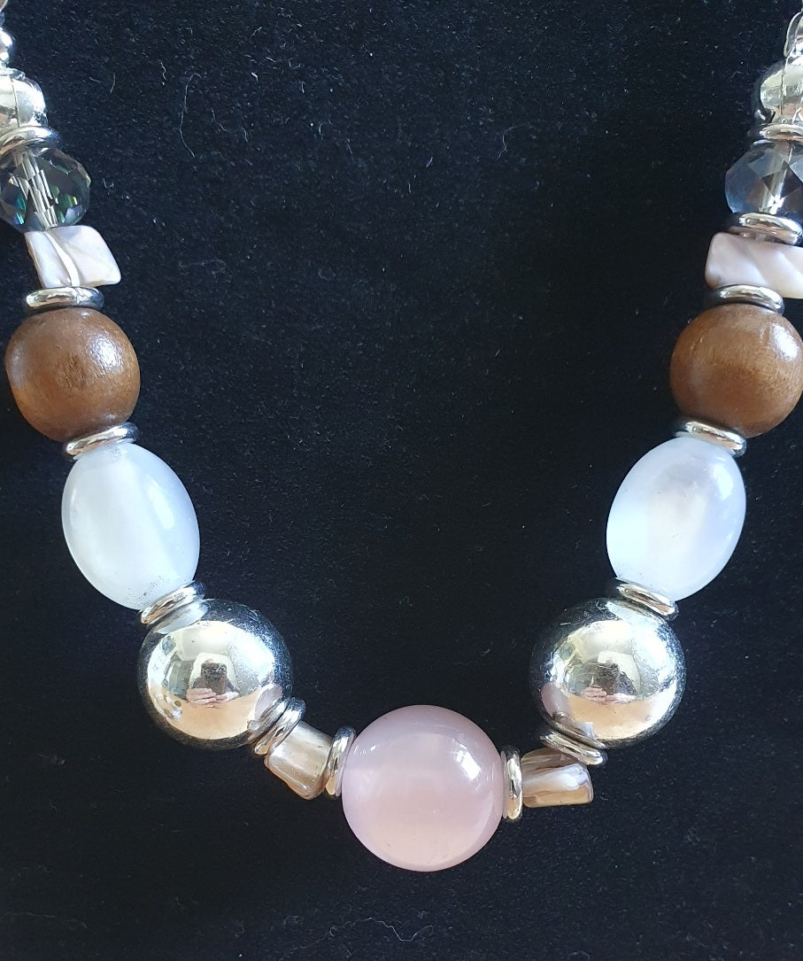 Rescued & Remade Rose Quartz & Wood Bead Necklace and Bracelet Set