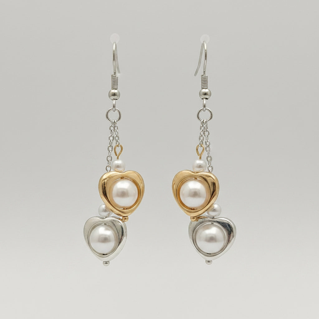 Double Heart Pearl Drop Earrings – June Birthday