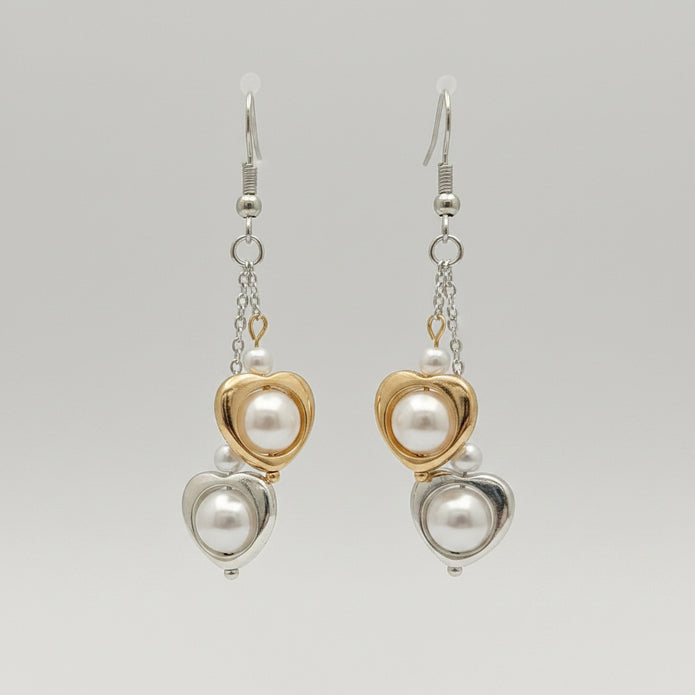 Double Heart Pearl Drop Earrings – June Birthday