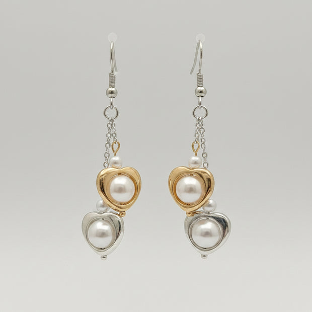 Double Heart Pearl Drop Earrings – June Birthday
