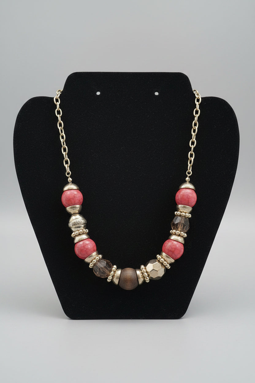 Rescued & Remade Pink Crackle & Gold Silver Bead Statement Necklace