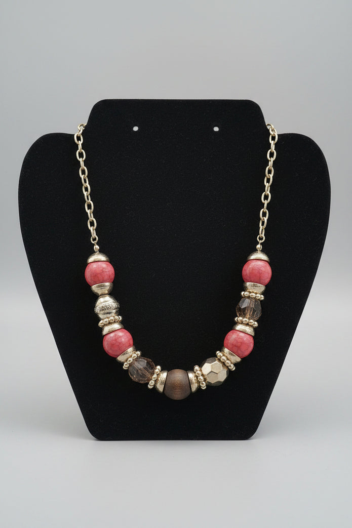 Rescued & Remade Pink Crackle & Gold Silver Bead Statement Necklace