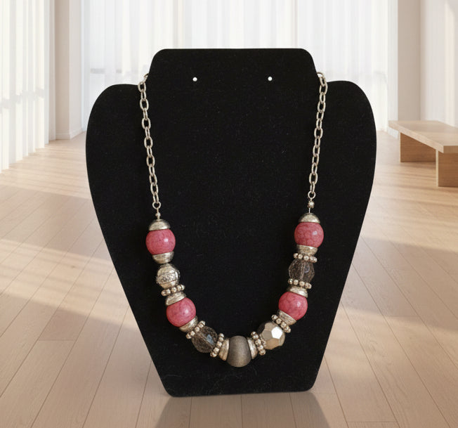 Rescued & Remade Pink Crackle & Gold Silver Bead Statement Necklace