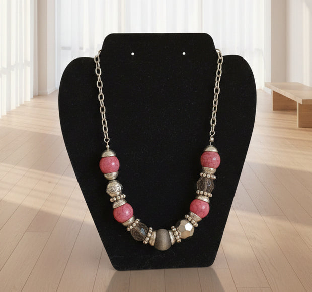 Rescued & Remade Pink Crackle & Gold Silver Bead Statement Necklace