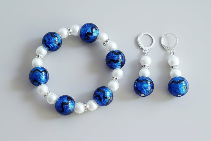 Cobalt Blue Foil Glass & Pearl Bracelet and Earrings Set — Rescued & Remade