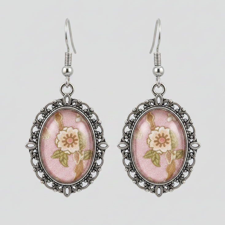 Small Pink Floral Cabochon Pendant Drop Earrings Handmade