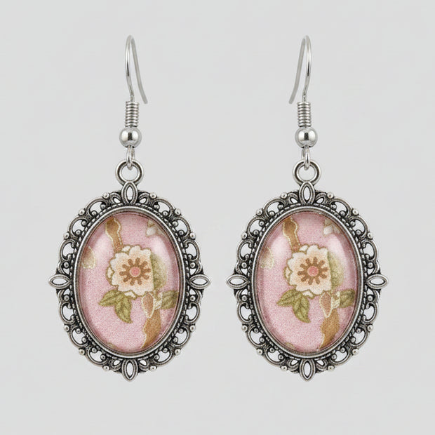 Small Pink Floral Cabochon Pendant Drop Earrings Handmade
