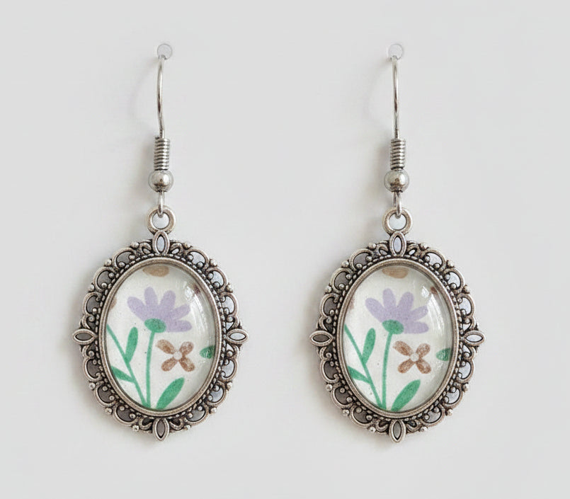Lavender Floral Cabochon Pendant Drop Earrings Handmade
