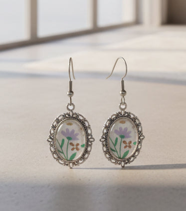 Lavender Floral Cabochon Pendant Drop Earrings Handmade