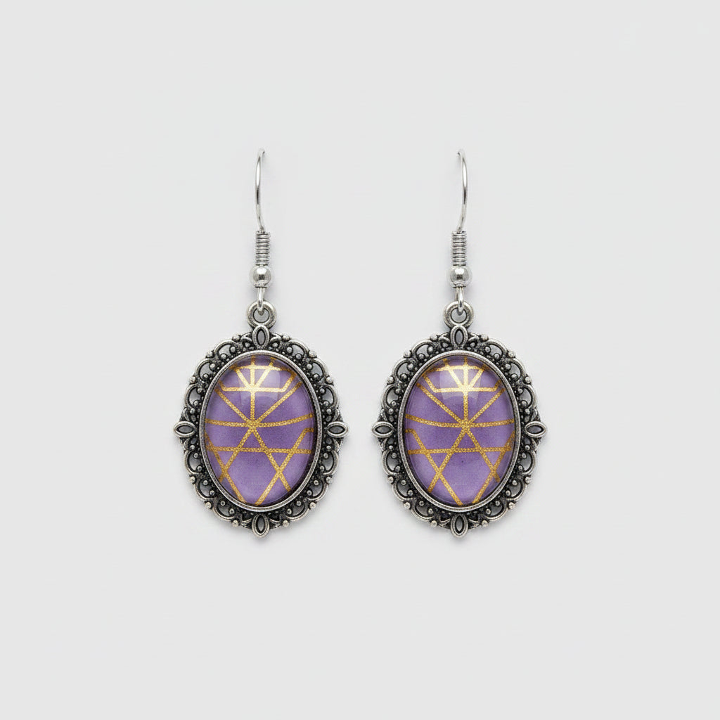 Purple Glass Gothic Drop Earrings — Antique Silver Filigree