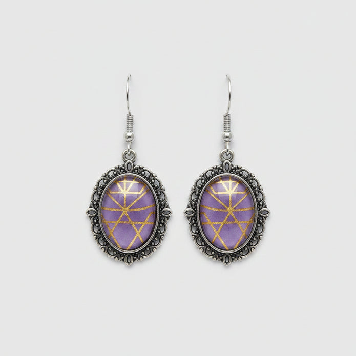 Purple Glass Gothic Drop Earrings — Antique Silver Filigree