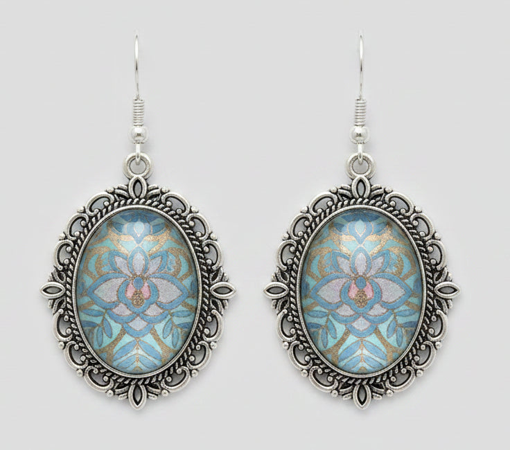 Iridescent Blue Cabochon Drop Earrings — Antique Silver Filigree