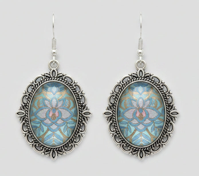 Iridescent Blue Cabochon Drop Earrings — Antique Silver Filigree