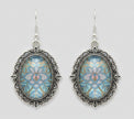 Iridescent Blue Cabochon Drop Earrings — Antique Silver Filigree