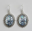 Iridescent Rose & Spiderweb Cabochon Drop Earrings — Antique Silver Filigree