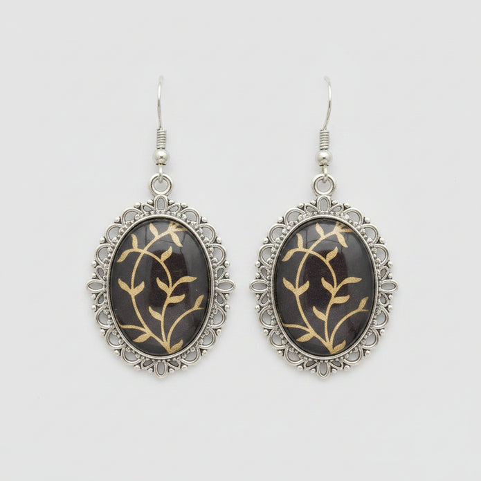 Large Black & Gold Botanical Oval Drop Earrings