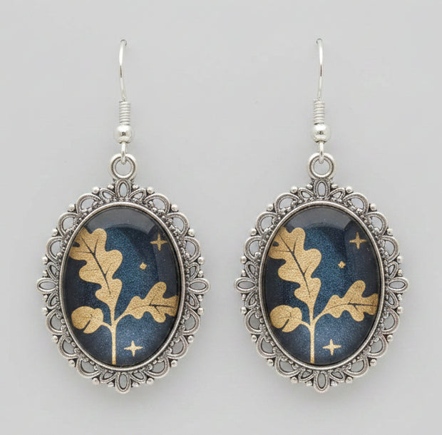 Gold Oak Leaf Cabochon Drop Earrings — Antique Silver Filigree