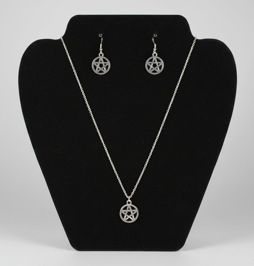 Silver Plated Pentacle Necklace & Earrings Set