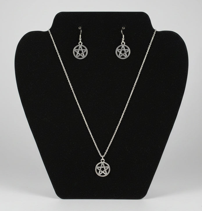 Silver Plated Pentacle Necklace & Earrings Set