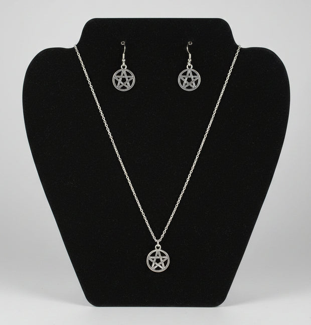 Silver Plated Pentacle Necklace & Earrings Set