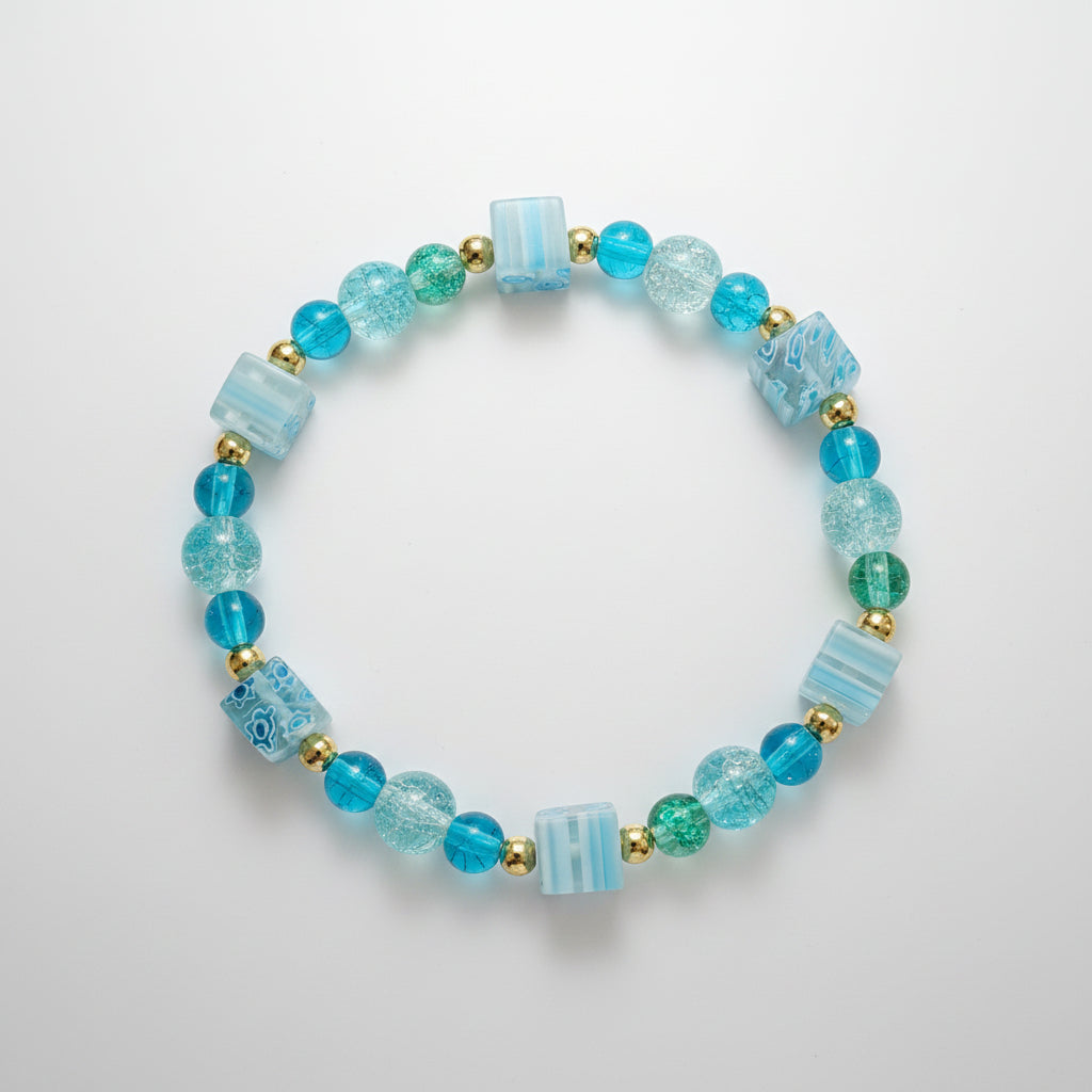 Teal & Ice Blue Crackle Bead Bracelet with Millefiori Accents