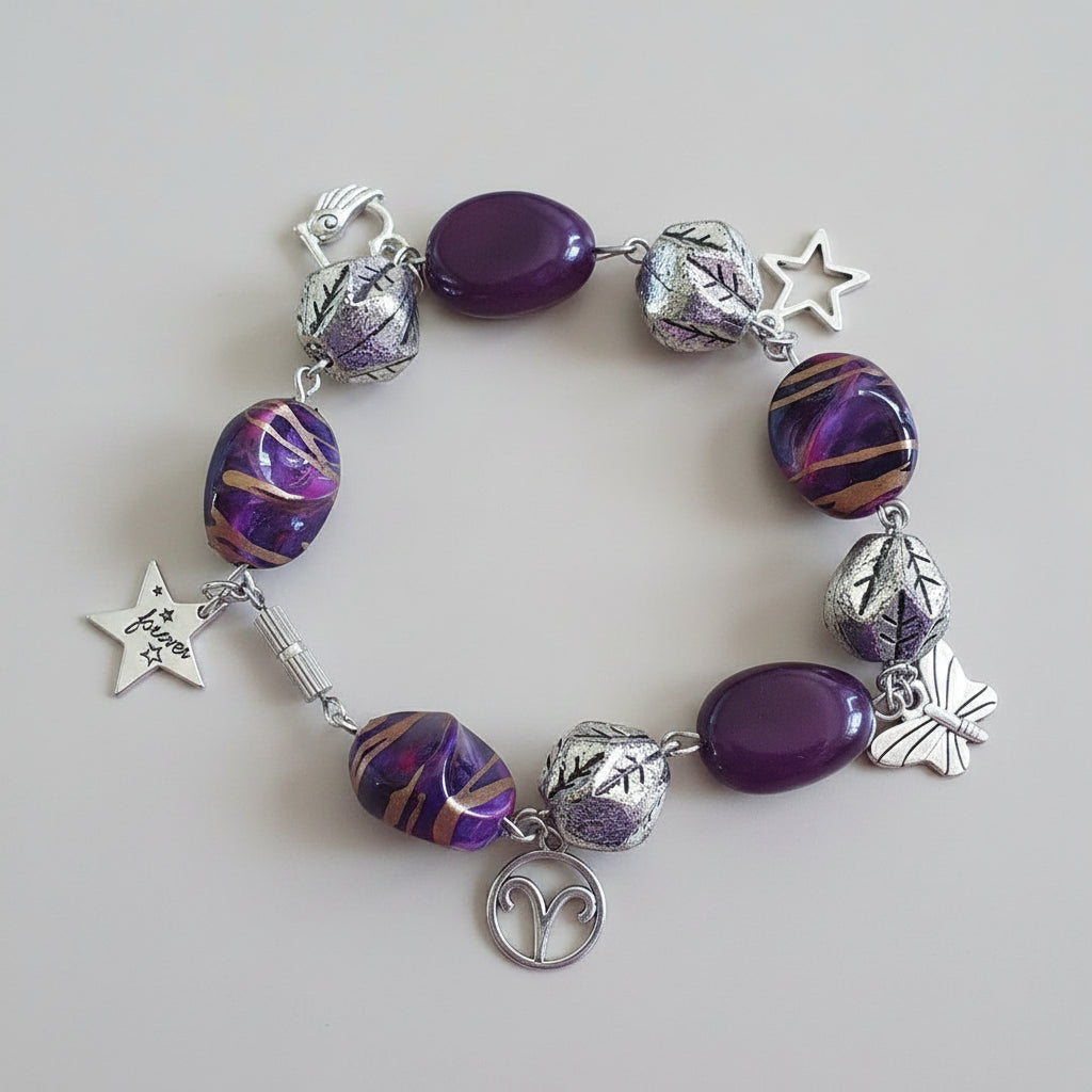 From Broken to Beautiful — Rescued & Remade Plum Aries Charm Bracelet