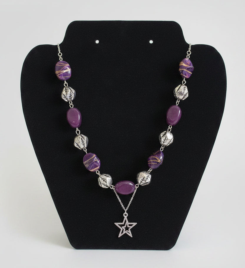 Rescued & Remade Plum Bead Necklace with Star Pendant
