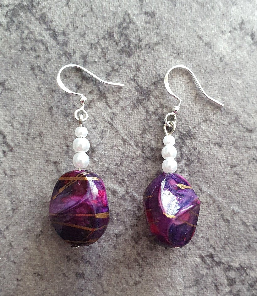 Rescued & Remade Plum Drop Earrings with Pearl Beads