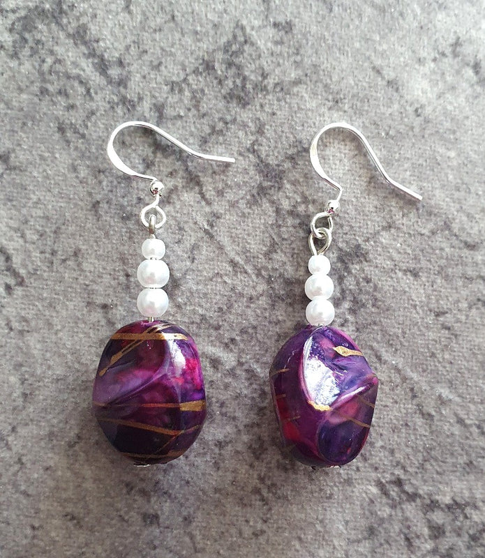 Rescued & Remade Plum Drop Earrings with Pearl Beads