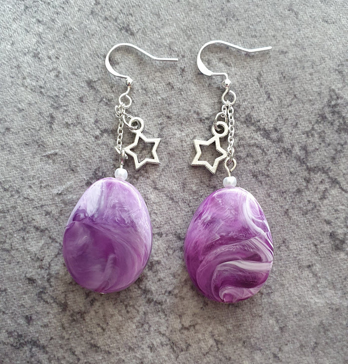 Rescued & Remade Purple Marbled Star Charm Earrings