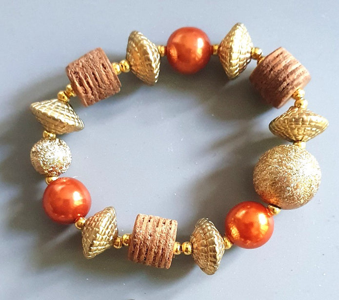 Copper Pearl & Gold Mixed Bead Stretch Bracelet — Rescued & Remade