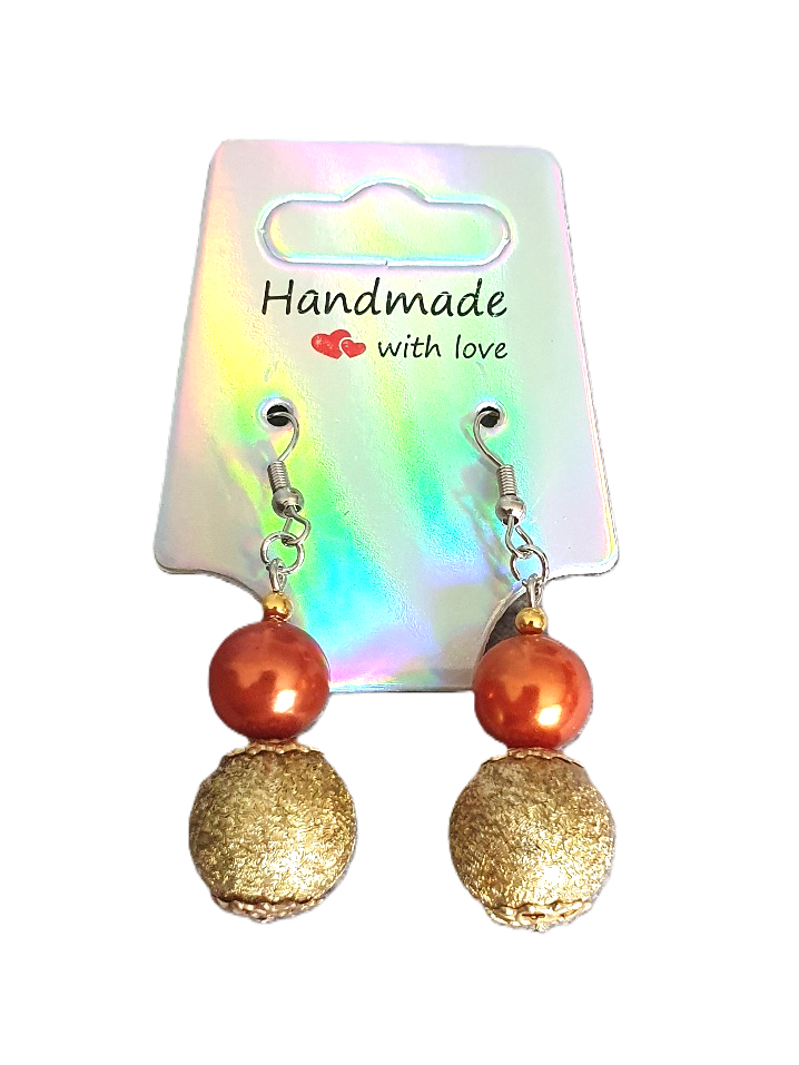 Copper Pearl & Gold Textured Bead Drop Earrings — Rescued & Remade