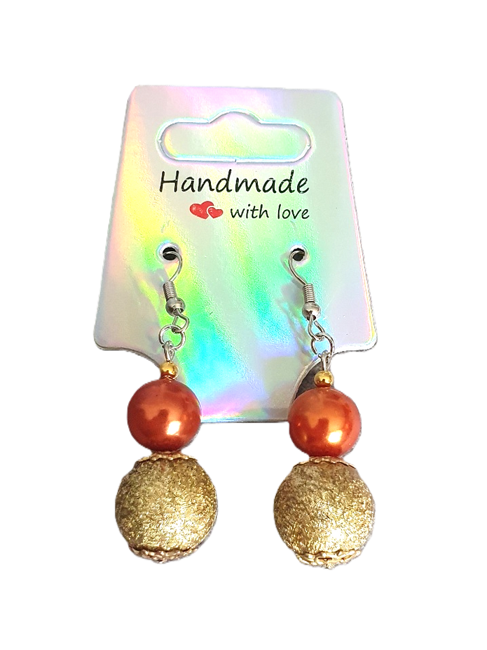 Copper Pearl & Gold Textured Bead Drop Earrings — Rescued & Remade