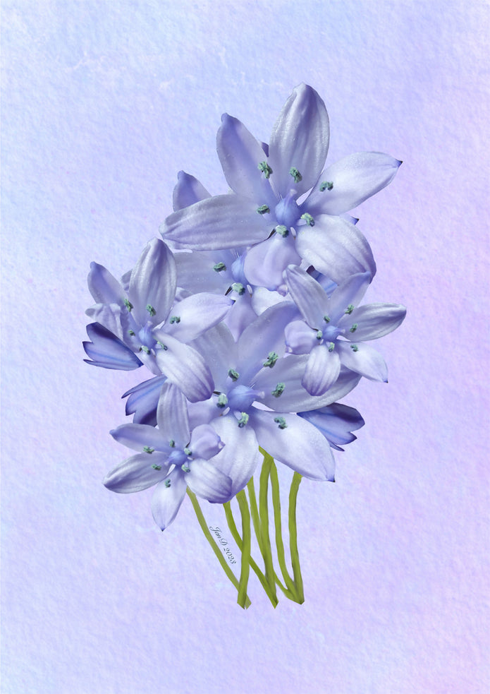 Illustration of purple flowers with green stems on a light purple background