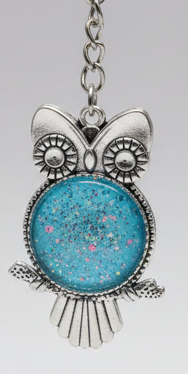Handmade silver owl keyring with blue glitter - Arts Crafts Shack