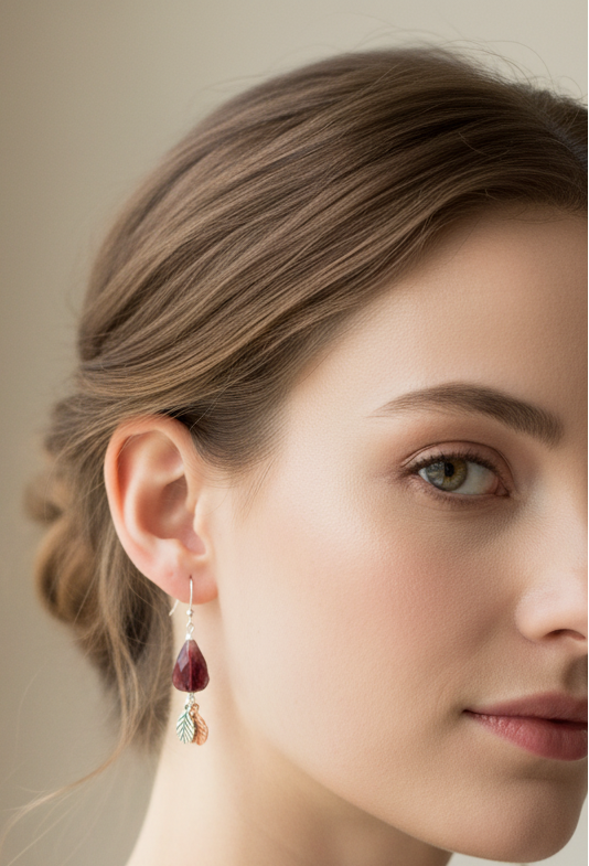 Brown Teardrop Earrings with Feathers