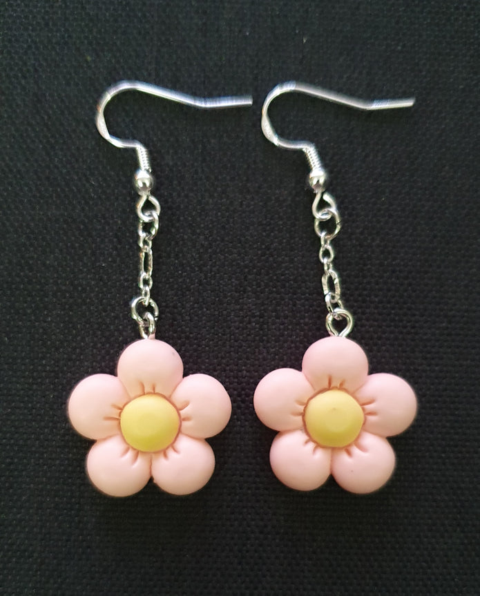 Handmade pink flower silver plated drop earrings with pink and yellow beads