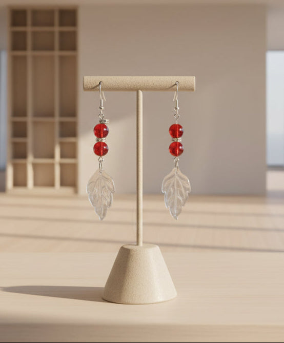 Long Red  Pierced Earrings With Leaf