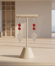 Long Red  Pierced Earrings With Leaf