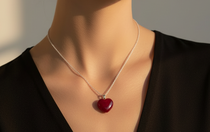 Necklace, Red Heart hanging on a Silver Plated Chain
