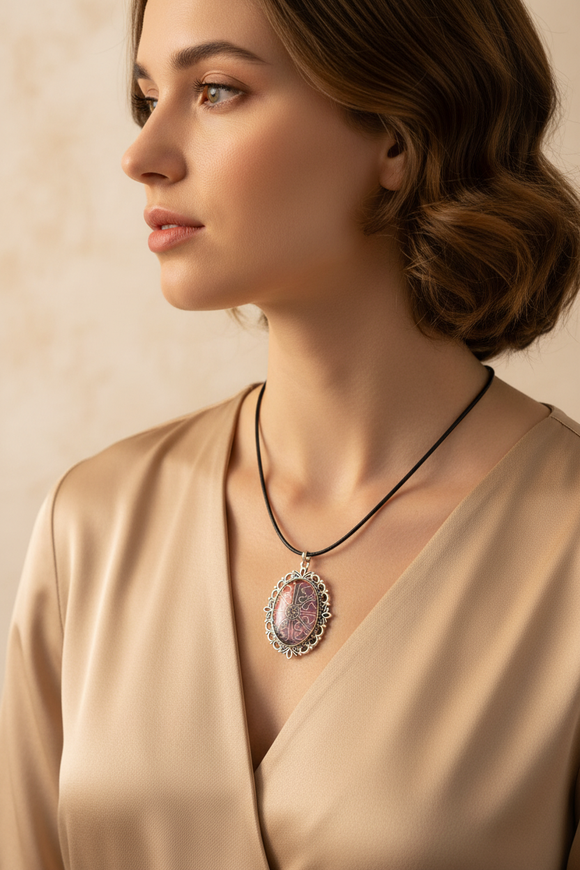Oval Pendant on Black Cord Necklace